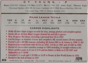 1993 Action Packed All-Star Gallery Series II #85 Cy Young Back