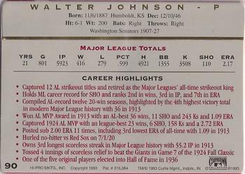 1993 Action Packed All-Star Gallery Series II #90 Walter Johnson Back