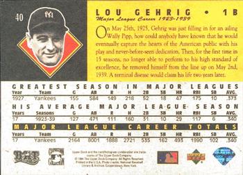1994 Upper Deck All-Time Heroes #40 Lou Gehrig Back