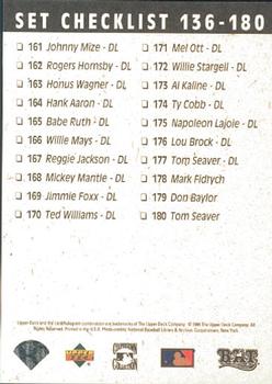 1994 Upper Deck All-Time Heroes #107 Checklist: 136-180 Back