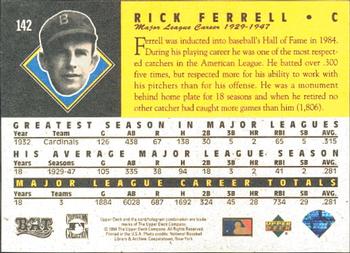 1994 Upper Deck All-Time Heroes #142 Rick Ferrell Back