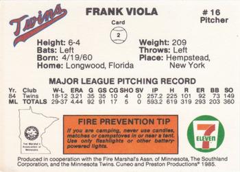1985 7-Eleven Minnesota Twins #2 Frank Viola Back