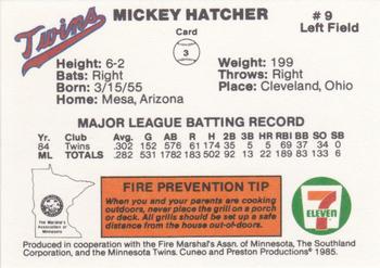 1985 7-Eleven Minnesota Twins #3 Mickey Hatcher Back