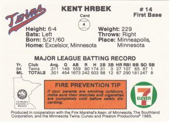 1985 7-Eleven Minnesota Twins #4 Kent Hrbek Back