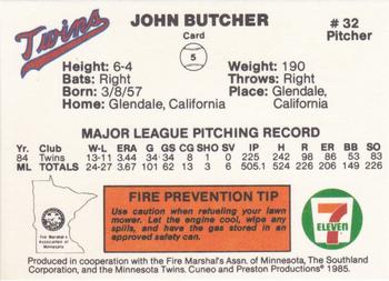 1985 7-Eleven Minnesota Twins #5 John Butcher Back