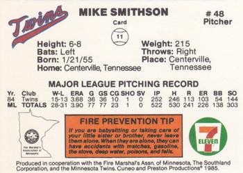 1985 7-Eleven Minnesota Twins #11 Mike Smithson Back