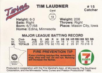 1985 7-Eleven Minnesota Twins #12 Tim Laudner Back