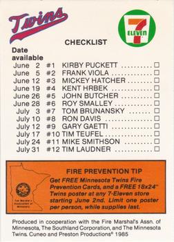 1985 7-Eleven Minnesota Twins #NNO Checklist Back
