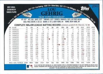 2009 Topps #290 Lou Gehrig Back