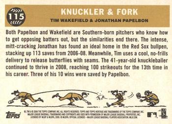 2009 Topps Heritage #115 Knuckler & Fork (Tim Wakefield / Jonathan Papelbon) Back