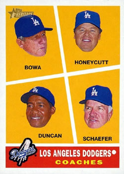 2009 Topps Heritage #463 Los Angeles Dodgers Coaches (Larry Bowa / Rick Honeycutt / Mariano Duncan / Bob Schaefer) Front