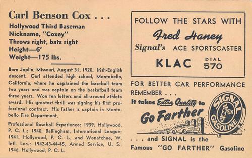 1947 Signal Oil #NNO Carl Cox Back