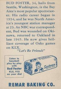 1949 Remar Bread Oakland Oaks #NNO Bud Foster Back