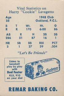 1949 Remar Bread Oakland Oaks #NNO Cookie Lavagetto Back