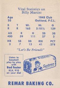 1949 Remar Bread Oakland Oaks #NNO Billy Martin Back