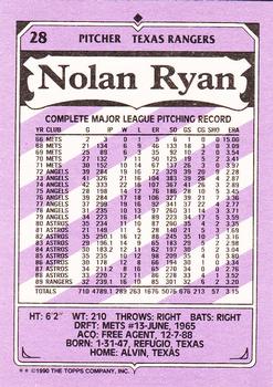 1990 Topps Kay-Bee Kings of Baseball #28 Nolan Ryan Back