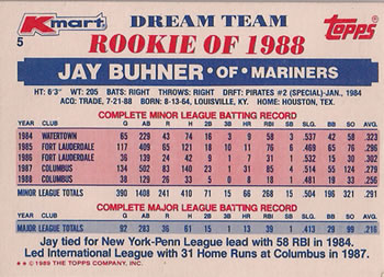 1989 Topps Kmart Dream Team #5 Jay Buhner Back