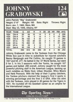 1991 Conlon Collection TSN #124 Johnny Grabowski Back