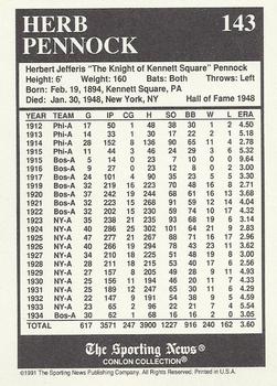 1991 Conlon Collection TSN #143 Herb Pennock Back