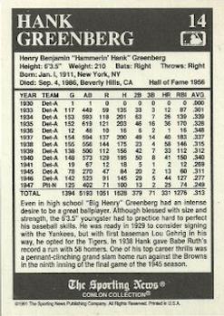 1991 Conlon Collection TSN #14 Hank Greenberg Back