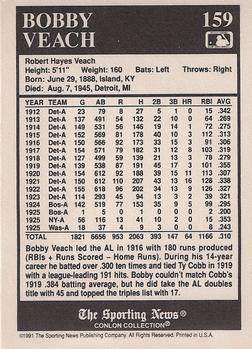 1991 Conlon Collection TSN #159 Bobby Veach Back