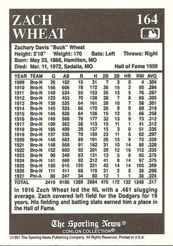1991 Conlon Collection TSN #164 Zack Wheat Back