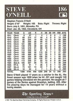 1991 Conlon Collection TSN #186 Steve O'Neill Back