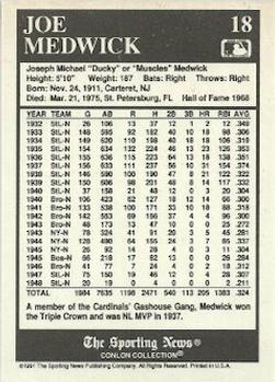 1991 Conlon Collection TSN #18 Joe Medwick Back