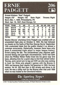 1991 Conlon Collection TSN #206 Ernie Padgett Back