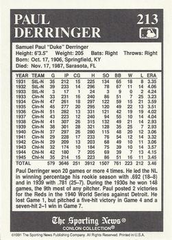1991 Conlon Collection TSN #213 Paul Derringer Back