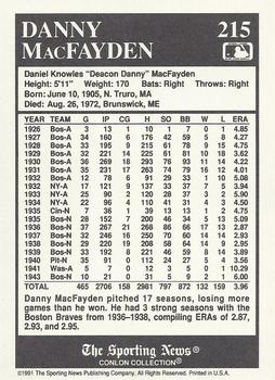1991 Conlon Collection TSN #215 Danny MacFayden Back