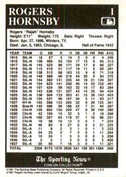 1991 Conlon Collection TSN #1 Rogers Hornsby Back