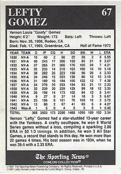 1991 Conlon Collection TSN #67 Lefty Gomez Back
