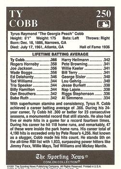 1991 Conlon Collection TSN #250 Ty Cobb Back