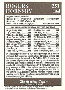 1991 Conlon Collection TSN #251 Rogers Hornsby Back