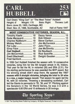 1991 Conlon Collection TSN #253 Carl Hubbell Back