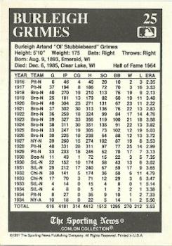 1991 Conlon Collection TSN #25 Burleigh Grimes Back