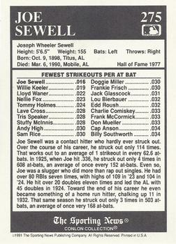 1991 Conlon Collection TSN #275 Joe Sewell Back