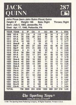 1991 Conlon Collection TSN #287 Jack Quinn Back