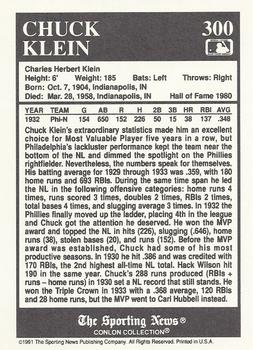 1991 Conlon Collection TSN #300 Chuck Klein Back
