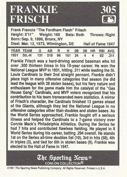 1991 Conlon Collection TSN #305 Frankie Frisch Back