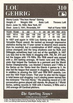 1991 Conlon Collection TSN #310 Lou Gehrig Back