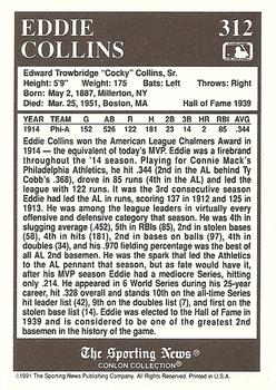 1991 Conlon Collection TSN #312 Eddie Collins Back