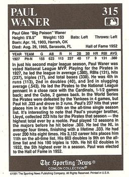 1991 Conlon Collection TSN #315 Paul Waner Back