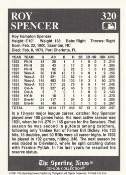 1991 Conlon Collection TSN #320 Roy Spencer Back