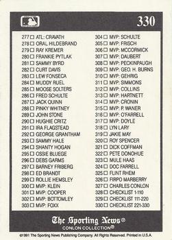 1991 Conlon Collection TSN #330 1991 Checklist: 221-330 Back