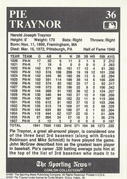 1991 Conlon Collection TSN #36 Pie Traynor Back