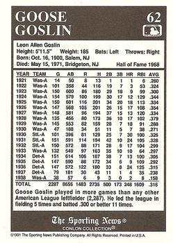 1991 Conlon Collection TSN #62 Goose Goslin Back