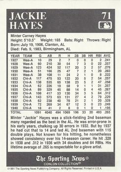 1991 Conlon Collection TSN #71 Jackie Hayes Back