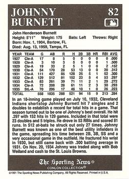 1991 Conlon Collection TSN #82 Johnny Burnett Back